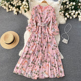 Autumn Bohemian Women Tie Dye Printed Pleated Long Dress Boho O Neck Puff Sleeve High Waist Draped Maxi Vestido