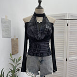 Hottie Hanging Neck A Word Shoulder Collar Long Sleeve Mesh Yarn T-Shirt