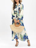 Loose Elegant Dresses For Women Bow Collar Long Sleeve High Waist Folds Print Hit Color Temperament Dress Female
