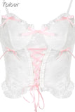 Y2K Kawaii Lace Corset Women Transparent Mesh Patchwork Camisoles Bandage Ruffle Crop Top Party Japanese Tank Top