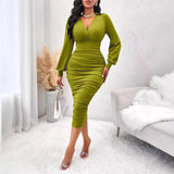 Toloer Sexy Casual Dress Solid Color V-Collar Close Waist Long Sleeve Wrap Hip Dress Female-Outfit