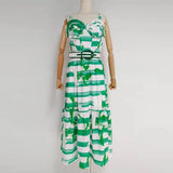 Casual Striped Colorblock Dress For Women V Neck Sleeveless High Waist Loose Midi Dresses Female Summer Clothes