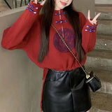 Spring And Autumn New Korean Version Of Vintage Disc Buckle Semi-Zipper Sweater Fashionable Chinese Style Pullover Girl-Outfit
