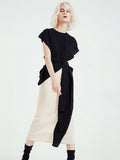 Women Contrast Color Asymmetrical Ruffles Sashes Dress Round Neck Short Sleeve Loose Fashion Spring Summer 2023