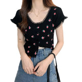 Bubble BM Broken Flower T-Shirt New Short Ins Lace Korean Version Sweet Renoval Sweet Sleeve