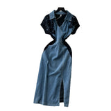 Fashion Niche Fashion Heavyweight Diamond Lace Splicing Polo Collar Short Sleeves Denim Waist Dress Women's Summer