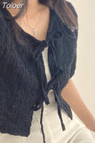 Blusas De Mujer Sweet Blouse for Women Bandage V-neck Puff Sleeve Folds Shirts Crop Tops Summer Fashion Chic Blouses