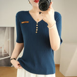 Toloer 2024 New Short Knit Women's Fashion Slim Short-Sleeve T-Shirt Thin Medium Sleeve Top-Outfit