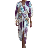 Toloer 2024 Women's Chic V Neck Long Sleeve Sexy Slit Long Skirt Two