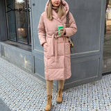 Simplee Fashion autumn winter warm coat women Casual Hooded with belt long coat parkas female High street pocket loose coat