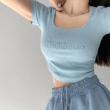 Toloer Letter Embroidered Slim Bottom Shirt Square Collar Low Breast Collarbone Short-Sleeve T-Shirt Midcrop High Waist