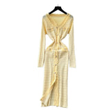 Small Fragrant Style High-Level Sense V-Neck Metal Buckle Waist Knitted Dress Women Autumn Body Fork Long