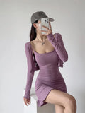 Trend Women's Fungus Edge Cardigan Short Style Long-Sleeved Coat Suspender Body-Stylish Dress Two-Piece Suit-Outfit