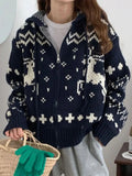 Jacquard Knit Zipper Hooded Sweater-Outfit