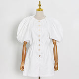 Fresh And Simple Wind 2025 Spring New Japanese And Korean Leisure Solid Color Collar Five-Point Lantern Sleeve Jumpsuit