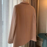 Women 2021 Fashion Office Wear Double Breasted Pink Blazer Coat Long Sleeve Pockets Female Outerwear Chic