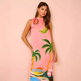 Summer New Sleeveless Round Collar Printing Holiday Style Casual Open Skirt Dress