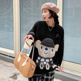 Autumn Little Bear Cute Blue Sweater Women 2021 New O-neck Design All-match Pullovers Korean Loose Lazy Long Sleeve Knitted