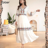 French White Dress Cotton Embroidered V-neck Elegant Ladies Dress Ruffle Hem Chic Autumn Dress Retro Luxury Brand