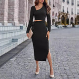 Toloer Women's 2024 Casual Autumn And Winter Style Asymmetrical Neckline Waist Hollow Tie Dress-Outfit