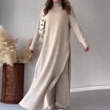 Solid-Color High-Collar Side Open-Fork Knitted Trousers Set In Autumn
