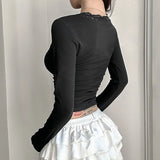 Toloer Pure Desire Sexy Wind Lace Splicing Base Long-Sleeved T-Shirt V-Neck Pure Color Slim Slim Joker Top-Outfit