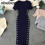 Elegant Ladies Dresses 2022 New Summer Knitted Office Dress Good Quality Women Knee Length Bodycon Dress
