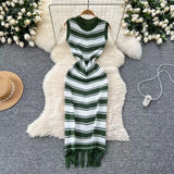Slimming Striped Tuxedo Sweater Dress With Thin Knitted Dress Temperament