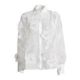Toloer Retro Versatile Top Fall 2024 New Three-Dimensional Flower Embroidery Design Loose Mesh Perspective Shirt-Outfit
