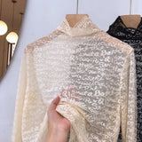 Toloer Soft Very Special Letter Lace Shirt Sexy Perspective Mesh Gauze Spring 2024 New Long-Sleeved T-Shirt