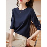 Toloer Design Five Sleeve T Shirt Summer 2023 New Fashion Button Design Five Sleeve T Shirt Women-Outfit