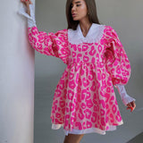Toloer Spring New Dress Fashion Long Sleeve High Waist Print A-Line Skirt Doll Collar Fluffy Skirt-Outfit