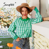 Simplee Women geometric khaki knitted sweater women casual Houndstooth lady pullover sweater female Autumn winter retro