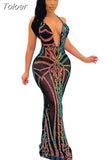 Sparkling Sequin Mesh Backless Long Maxi Dress Women Party Night Fancy Evening Dresses Sheer Robe Sexy Femme