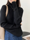 Women's High Neck Vertical Pit Stripe Elastic Sweater Long Sleeve Slim Pile Neck Jumper Roll Collar