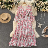 Women Chiffon Floral Dress Korean V Neck Short Sleeve Belt A-line Dress Summer Boho Print Ruffles Beach Midi