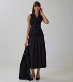 Buttoned Vest And Pleated Midi Skirt Two Piece Set-Outfit
