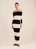 Women's Fashion Elegant Shoulder-To-Shoulder Knitted Blouse Striped Shoulder-Long