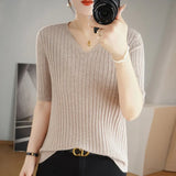 Toloer The Summer Of 2024, Women's Knit Short Sleeve Korean V-Neck Solid Color T-Shirt And A Pit Top-Outfit
