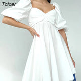 Summer Sexy White Dress Puff Sleeve Square Neck A-Line Mini Dress Women Elegant Pleated Casual Party Prom Dresses Lady