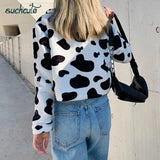 SUCHCUTE Fur Coats For Women Cow Print Teddy Jacket Modis Longslive Zipper Casual Warm Autumn Winter 2020 Harajuku Coat