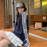Lace Striped Bow Long Sleeved Top-Outfit