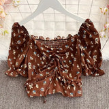 New Summer Fashion All-match V-neck puff sleeve print Shirt drawstring ruched lace up Shirt