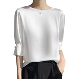 Toloer Summer Female New Round Collar Temperament Loose Short Pearl Sleeve Decoration Simple And Versatile T-Shirt-Outfit