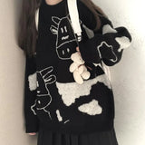 Christmas Cow Sweater Women Clothing Loose Knitted Kawaii Clothes Harajuku Cropped Jumper Tops Korean Fashion Long Sleeve