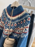 Blue Zipper Jacquard Knitted Cardigan-Outfit