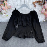 New Spring Fashion All-match slash neck off shoulder Blouse ruched waist slim Ruffle Shirt
