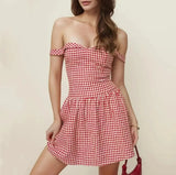 Red Plaid Off-shoulder Mini Dress-Outfit