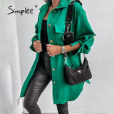 Simplee Office loose lapel pocket women's jacket green Casual ladies autumn winter long coats Minimalist split apricot