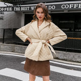 Simplee Warm short cotton padded parkas womens 2020 New belted autumn winter coats female Long sleeves elegant lapel